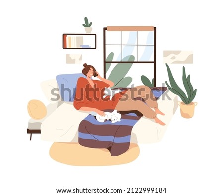 Happy woman relaxing with cats on bed at home. Person resting in cozy bedroom with pets, lying, talking on mobile phone at weekend, leisure time. Flat vector illustration isolated on white background