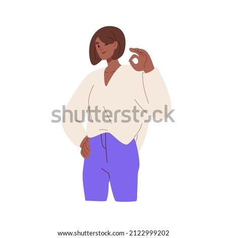 Person showing OK sign with hand. Happy satisfied woman gesturing all right, okay with fingers, approving smth. Positive winking businesswoman. Flat vector illustration isolated on white background