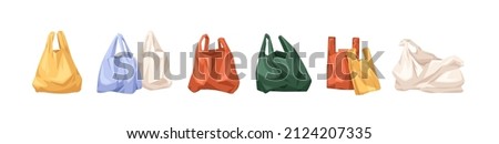 Plastic shopping bags set. Empty disposable packages for supermarket and garbage. Used and new polythene packs, packets for purchases. Realistic flat vector illustrations isolated on white background Foto stock © 
