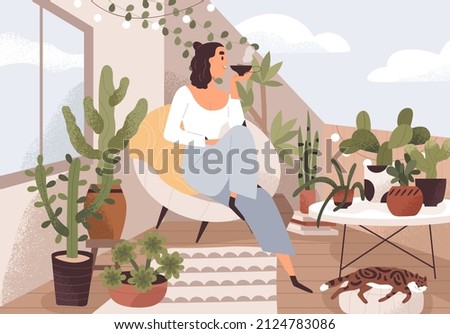 Woman relaxing on cozy balcony, sitting in chair, drinking tea. Happy person resting on green terrace, home garden with house plants. Female in summer rooftop interior. Flat vector illustration Foto d'archivio © 