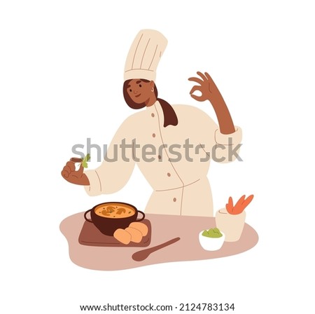 Chef cooking restaurant dish, decorating it with greens, seasonings. Woman cook preparing food, soup. Culinary art, refined cuisine concept. Flat vector illustration isolated on white background