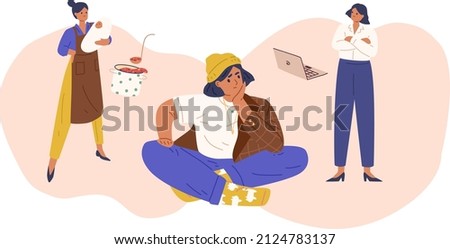 Woman choosing between career and family. Work life balance concept. Choice, comparison of business, job and mother housewife with child, baby. Flat vector illustration isolated on white background ストックフォト © 