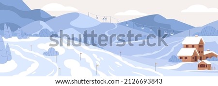 Winter ski resort with mountains in snow, cableway and village house. Alps landscape panorama with snowy slopes, hills, cablecars, chalet. Nature background, scenery. Colored flat vector illustration