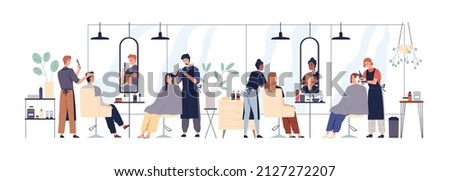 Hairdressers, barbers and customers during hair care, makeover in beauty salon. Hairstylists doing haircuts for people clients, men and women. Flat vector illustration isolated on white background