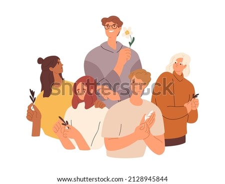Arrogant person, narcissist among annoyed people. Conceited selfish egoist with superior ego enjoying himself. Narcissism, superiority concept. Flat vector illustration isolated on white background Foto d'archivio © 