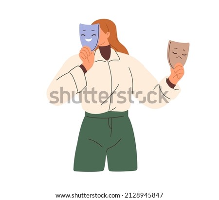 Person with split dual personality, mood swings. Bipolar disorder and duality, psychology concept. Woman with happy and sad, different masks. Flat vector illustration isolated on white background