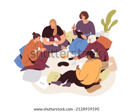 Psychologist and patients at group therapy session. People at psychotherapy meeting in circle. Psychology concept. Psychotherapist at rehab club. Flat vector illustration isolated on white background Сток-фото © 