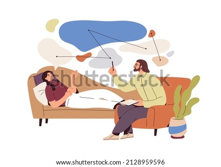 Patient at psychoanalysis and CBT therapy with psychotherapist. Psychotherapy session with cognitive analysis. Mental health, psychology concept. Flat vector illustration isolated on white background Сток-фото © 