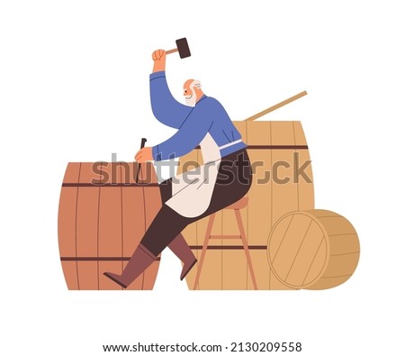 Medieval cooper assembling wood barrels, casks with tolls, hammer and chisel. Old artisan working with wooden buckets. Profession of Middle ages. Flat vector illustration isolated on white background