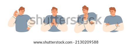 Happy positive person with good emotions. Grateful, thankful, blissful, delighted, dreamy, interested and emotionless indifferent men set. Flat vector illustration isolated on white background