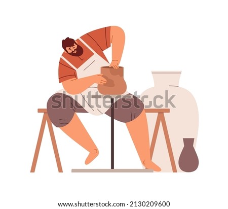 Artisan making clay pot at workshop. Potter master creating ceramics, working with earthenware at workroom. Creative medieval craftsman in apron. Flat vector illustration isolated on white background