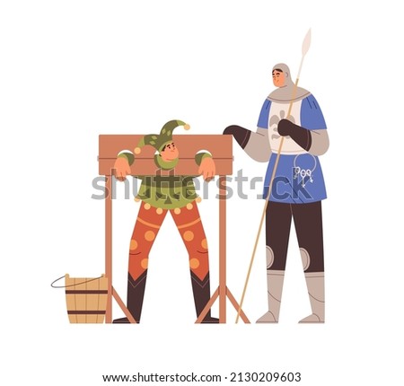 Person suffering in medieval torture device. Torturer executing humiliation, punishing fool in pillory. Physical punishment in Middle ages. Flat vector illustration isolated on white background Stockfoto © 