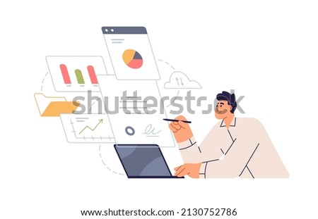 Business man signing electronic document online at laptop computer. CEO and financial data, information in graphs, charts for digital report. Flat vector illustration isolated on white background