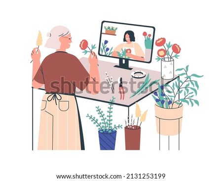 Florist studying at distant online course. Woman with flowers, plants learning floristry at remote botanical floral school at computer. Flat vector illustration isolated on white background