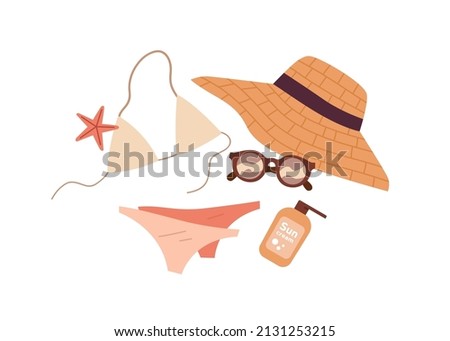 Straw hat, swimwear, sunglasses, sun cream composition. Accessories, clothes for summer travel. Bikini, swimsuit, glasses for sea resort. Flat vector illustration isolated on white background