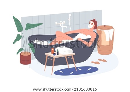 Woman taking bath in home bathroom. Female with facial mask relaxing in bathtub water with soap foam, bubbles. Beauty and body care routine. Flat vector illustration isolated on white background