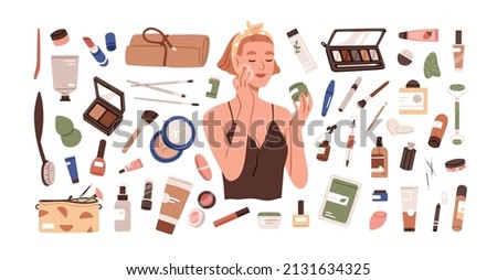 Makeup set with decorative beauty products. Skin, eyes, lips cosmetics and accessories for make-up. Women purse stuff, lipstick, mascara. Flat graphic vector illustration isolated on white background
