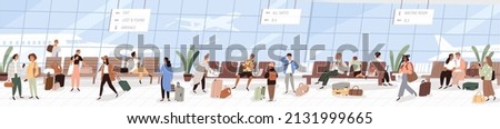 People at departure area in airport. Passengers with baggage in waiting room of international terminal. Tourists with luggage going and sitting on chairs, long banner. Flat vector illustration Foto stock © 