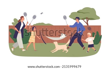 Family with kids playing badminton on yard. Active parents and children outdoors together. Happy mother, father, son and daughter at leisure. Flat vector illustration isolated on white background ストックフォト © 