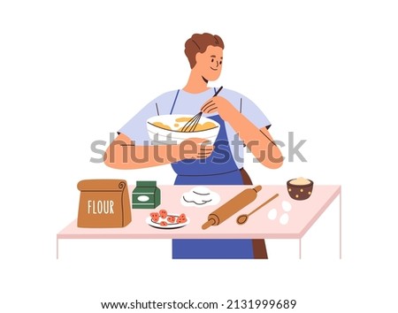 Person cooks home food from flour and eggs. Man cooking at kitchen table, preparing dough for baking in bowl. Homemade bakery preparation. Flat vector illustration isolated on white background Сток-фото © 