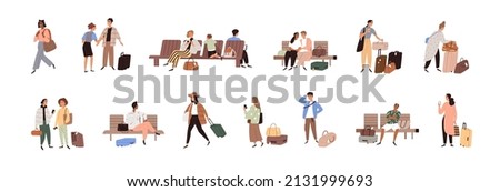 People in airport set. Tourists with luggage at terminal. Passengers with baggage traveling. Men and women with suitcases waiting for departure. Flat vector illustrations isolated on white background Foto stock © 