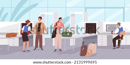 Airport security checkpoint. Police officers checking baggage, scanning people tourists. Passengers control with scanners, frames, metal detectors, computers at terminal. Flat vector illustration