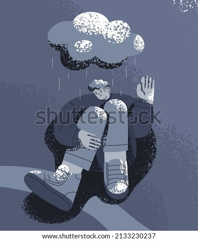 Sad unhappy person in depression and despair under cloud and rain. Loneliness, bad gloomy mood, sadness and pessimism, psychology concept. Depressed man with mental disorder. Flat vector illustration ストックフォト © 