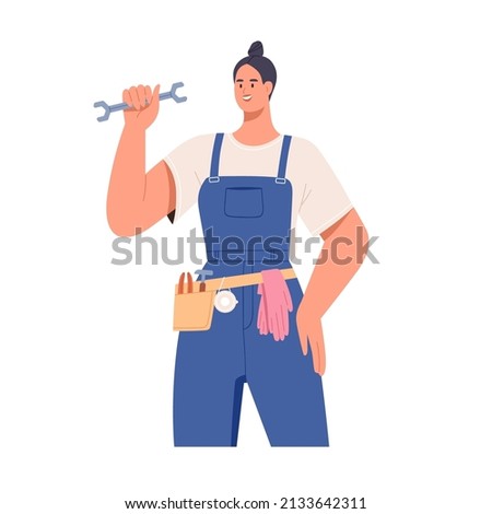 Woman plumber portrait. Plumbing worker holding wrench in hand. Professional in uniform with tool. Repairing specialist, female work. Flat vector illustration isolated on white background