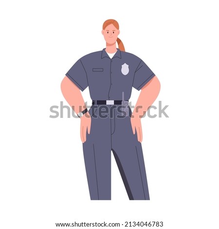 Woman police officer in uniform portrait. Friendly policewoman. Female cop. Legal guard. Happy smiling safeguard worker. Flat vector illustration isolated on white background