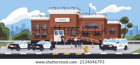 Police station building exterior with patrol cars and officers outside. City investigation bureau with policemen, cops outdoors. Street panorama with detective department. Flat vector illustration Сток-фото © 