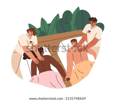 Love couple relaxing at back massage in SPA and beauty salon. Happy man and woman lying on couches during wellness partners treatment together. Flat vector illustration isolated on white background