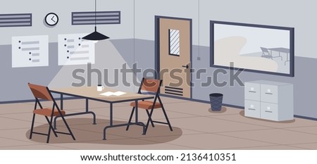 Police interrogation place. Empty secure hard interview room interior with furniture, desk, chairs and lamp. Private safe detective space for questioning, investigation. Flat vector illustration