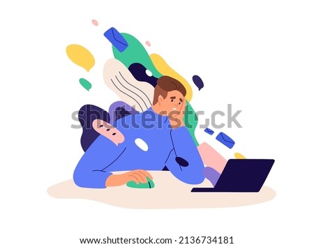 Information overload and data excess concept. Stressed person in info flood, reading multiple internet media, news and lot of online messages. Flat vector illustration isolated on white background