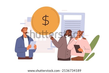 Business people, partners and coin, corporate revenue, earnings. Financial capital, income and profit concept. Finance management in company. Flat vector illustration isolated on white background Foto d'archivio © 