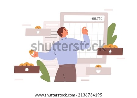 Person with calculator, counting finance, planning, distributing budget. Financial concept. Diversification of money savings, investments, assets. Flat vector illustration isolated on white background