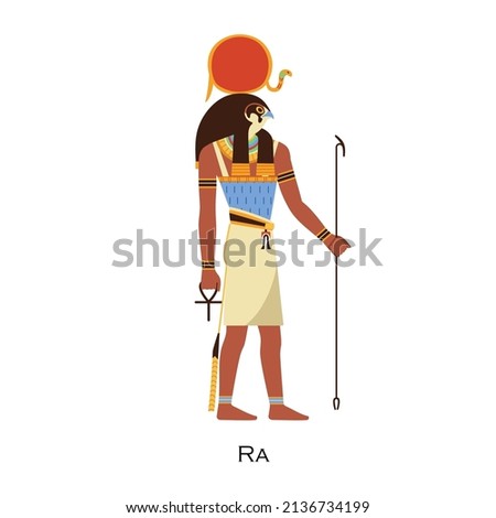 Ra god, Ancient Egyptian deity with solar disk and falcon head. Old history character figure with sun. Egypts mythology and religion. Flat vector illustration isolated on white background
