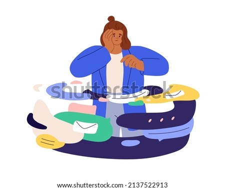 Overwhelmed person overloaded with information, business messages and mail. Busy woman in data, emails chaos, info excess. Infoxication concept. Flat vector illustration isolated on white background