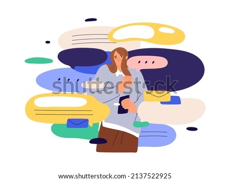 Overwhelmed overloaded person with information excess, chaos in messages and mail. Tired woman with phone, under pressure of digital data flood. Flat vector illustration isolated on white background