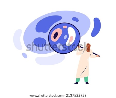 Medical science research in laboratory. Scientist studying cells with magnifying glass, analyzing, examining virus in scientific lab. Flat graphic vector illustration isolated on white background