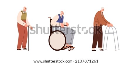 Senior person walking with cane, sitting in wheelchair, going with walker, frame. Old people with disabilities moving with supporting tools. Flat vector illustrations isolated on white background