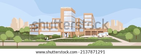Emergency hospital building exterior with ambulance car parking. Health center, city public clinic construction, panorama. Outside of municipal medical healthcare office. Flat vector illustration
