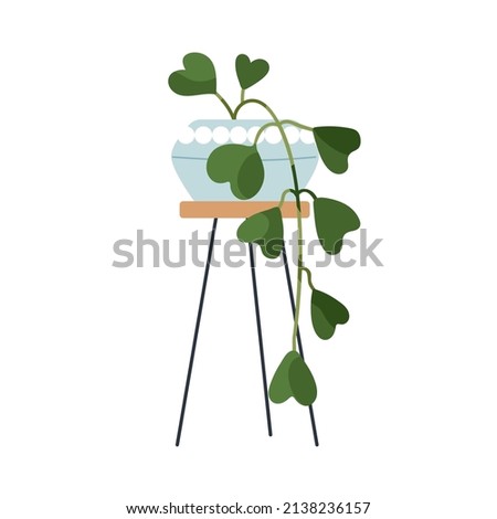 Hoya kerrii, potted indoor plant with heart-shaped leaf hanging down. Green home vegetation in flowerpot on stand. Leafy house decor in planter. Flat vector illustration isolated on white background