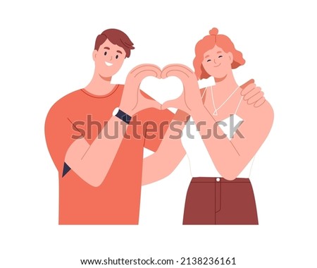 Love couple with heart-shaped hand gesture. Happy man and woman portrait. Two valentines, romantic partners together. Solidarity, support concept. Flat vector illustration isolated on white background