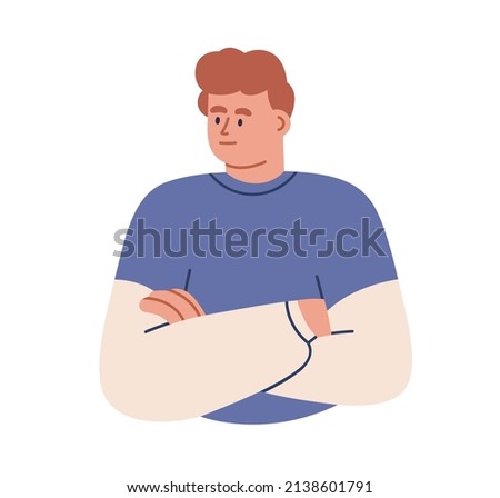 Emotionless person keeping poker face, neutral, unemotional, straight, blank expression. Indifferent calm serious man with no feelings. Flat graphic vector illustration isolated on white background