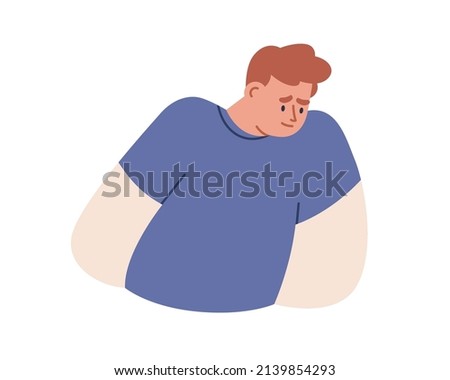Ashamed sad person with embarrassed shy face expression. Man feeling awkward, uncomfortable, shame emotion. Guilty confused guy is sorry. Flat vector illustration isolated on white background
