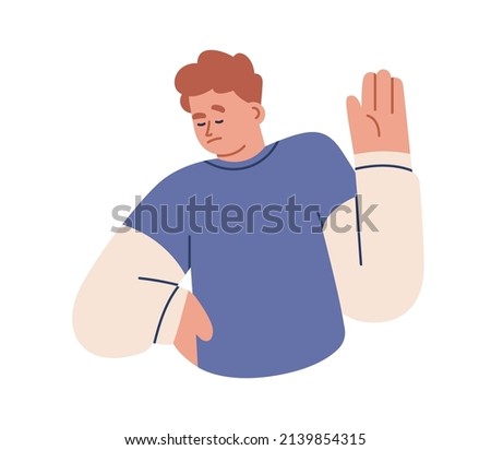 Sceptic refusing with hand, palm gesture, saying no, stopping smth. Skeptical person rejecting in distrust. Rejection and refusal, mute sign. Flat vector illustration isolated on white background