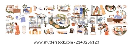 Relaxing pleasant home activities for pleasure and joy. Cosy hygge mood-boosting things, happy women enjoying rest. Indoor delights set. Flat graphic vector illustrations isolated on white background