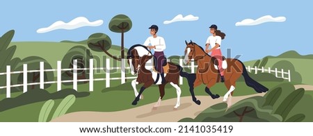 Happy love couple during horse ride in nature. Man and woman sitting on stallions backs, galloping, running. Romantic horseback riders horseriding together. Flat vector illustration of equestrians