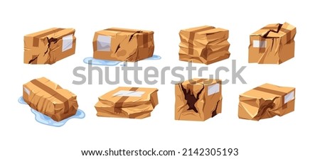 Damaged broken cardboard boxes, delivery packages set. Wet, crumpled, crinkled, spoiled carton parcels, goods orders. Torn wrinkled sealed cargo. Flat vector illustration isolated on white background