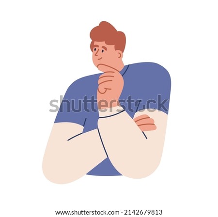 Person thinking, dreaming about idea in mind. Happy inspired thoughtful dreamy man with curious interested face expression, imagining, planning. Flat vector illustration isolated on white background